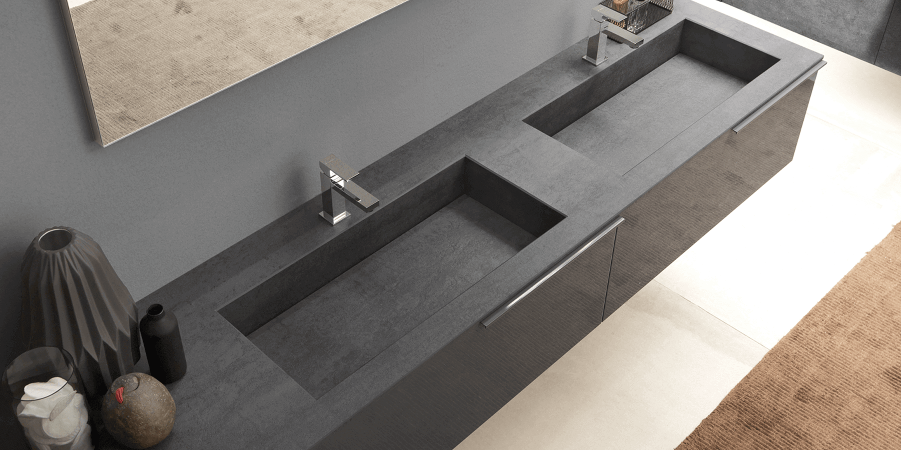 A slate-look porcelain countertop with two integrated basins