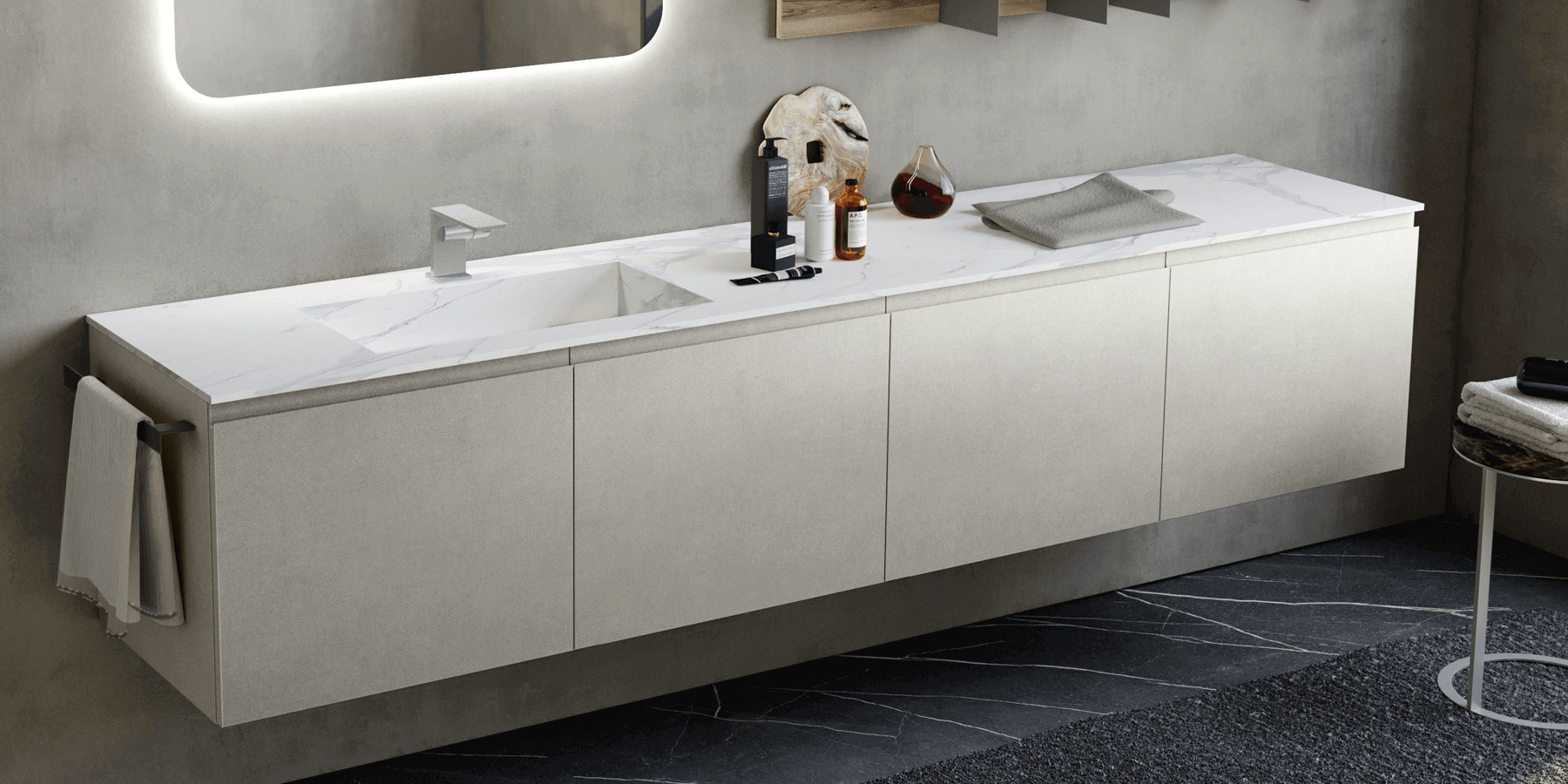 Luxury white porcelain countertop with a single basin sink