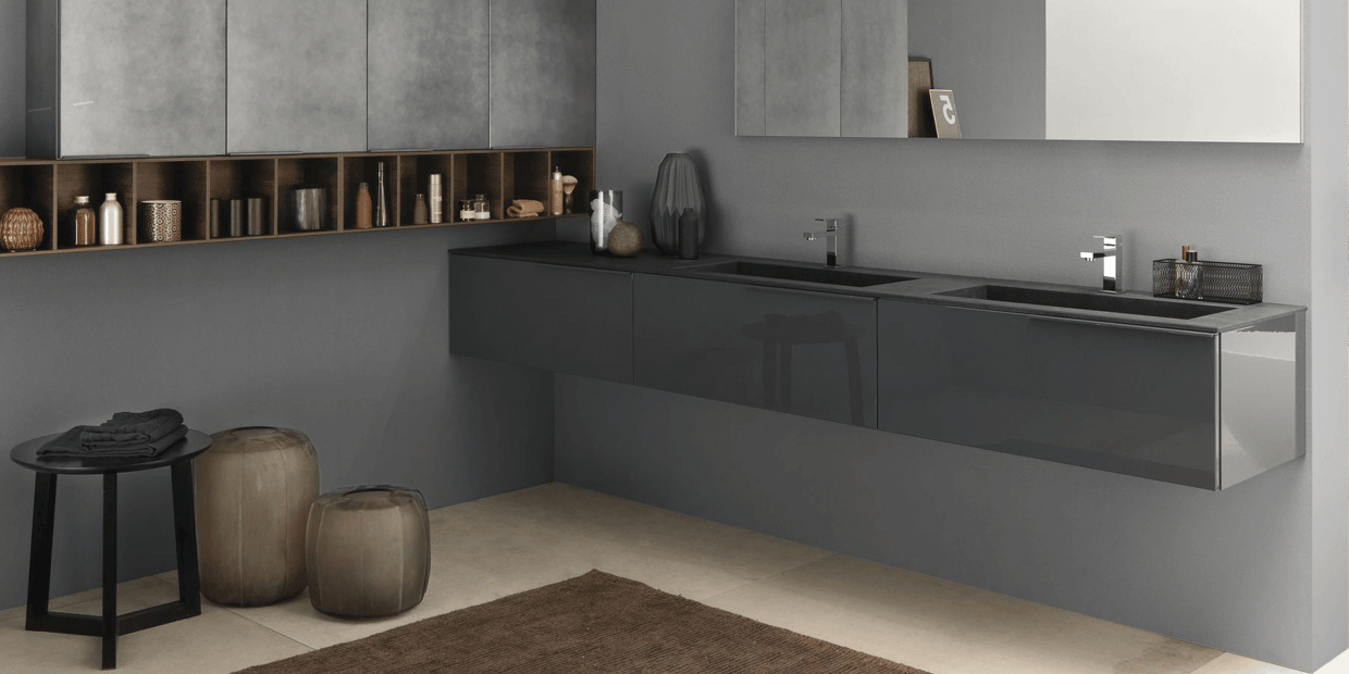 Grey porcelain Countertop on a walll-mounted floating grey vanity