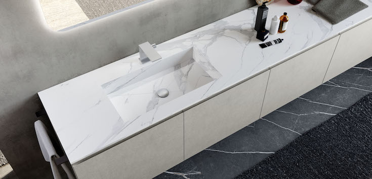 white marble-look porcelain bathroom countertop