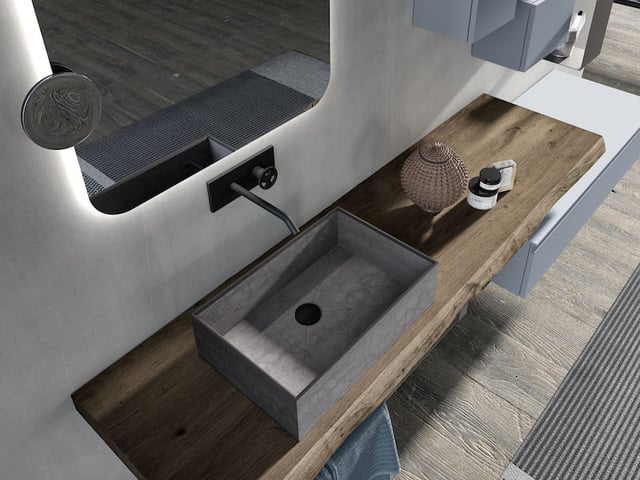 dark wood live-edge bathroom countertop