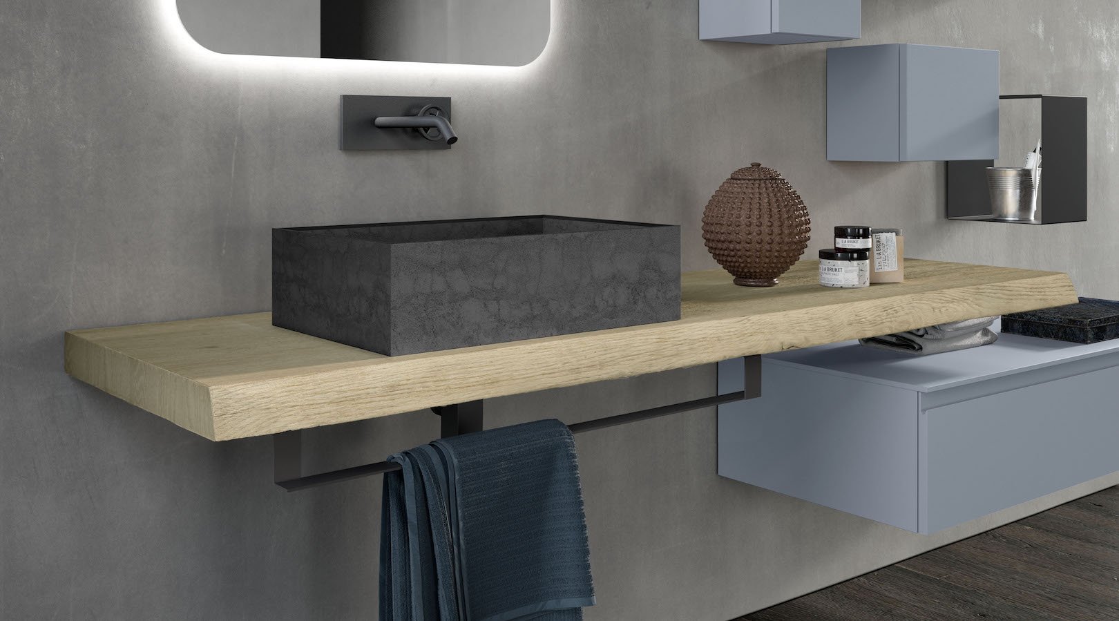 Urban rough-cut oak bathroom countertop with dark grey vessel