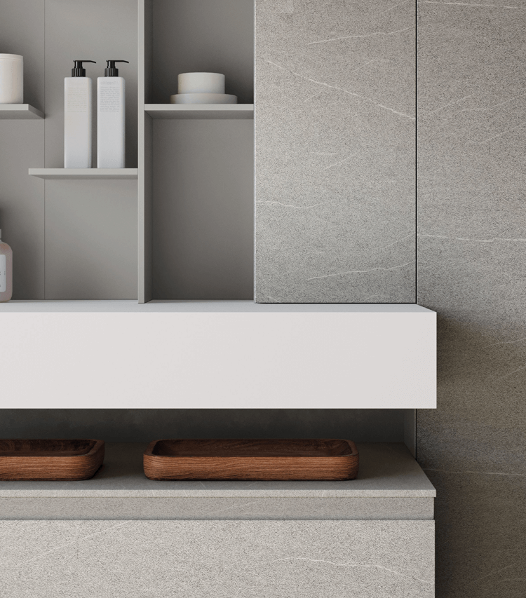 Solid-surface countertop with open shelving