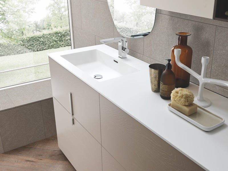 Urban freestanding vanity with white solid-surface countertop