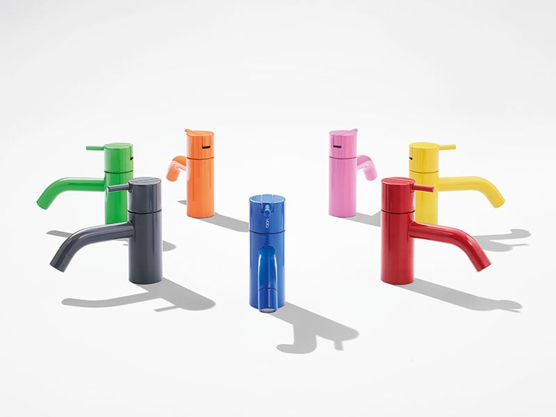 A rainbow-colored array of VOLA faucets 