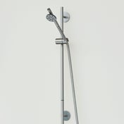 A chrome adjustable height body sprayer/shower head