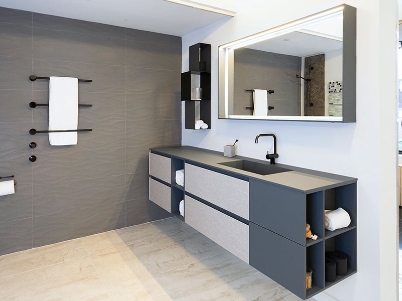 A Fenix countertop featured in a luxury bathroom