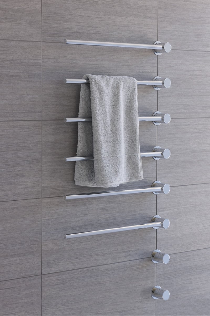 Closeup of six VOLA towel warmer bars