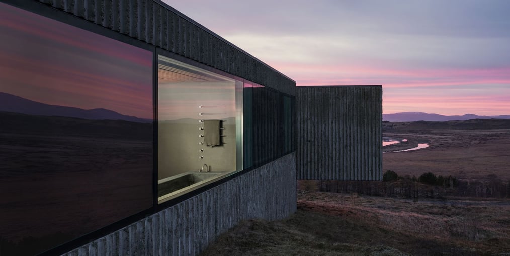 View into a bathroom window with VOLA towel warmer