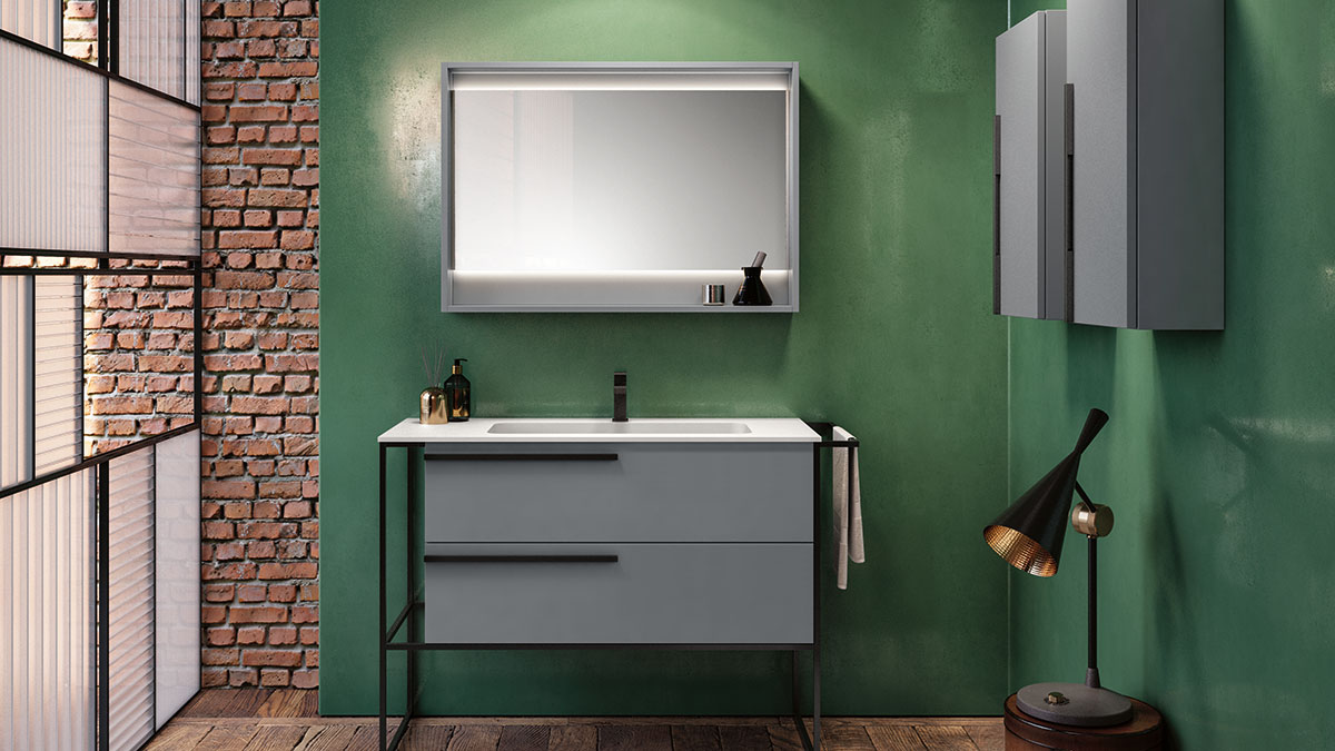 Framed Uniko bathroom mirror in coordinating finish with vanity