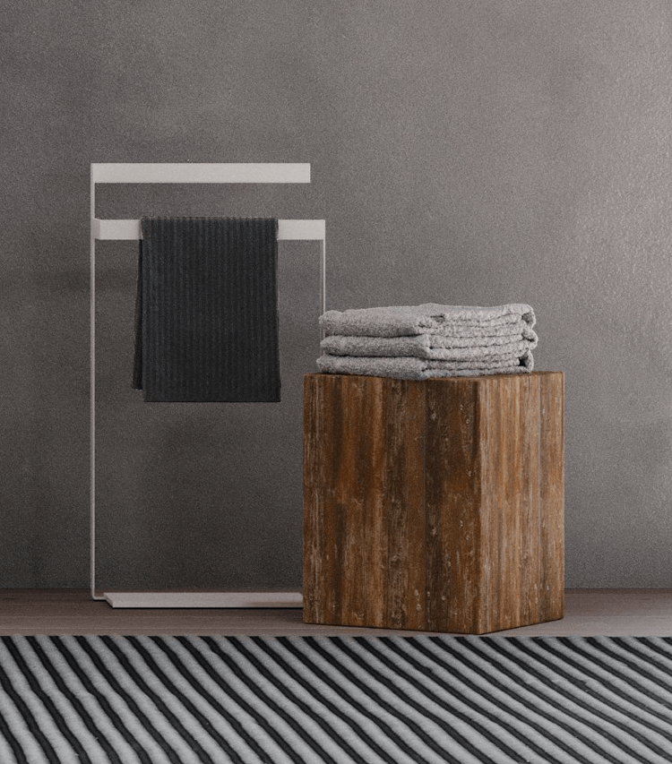 Freestanding towel rail with a low wood table