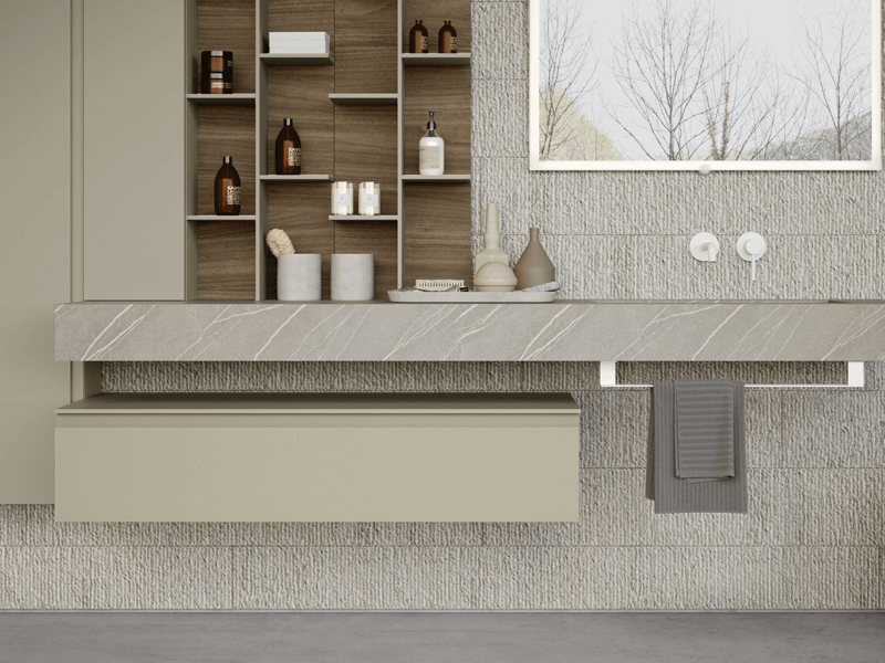 A luxury bathroom with a marble-look countertop and integrated towel bar