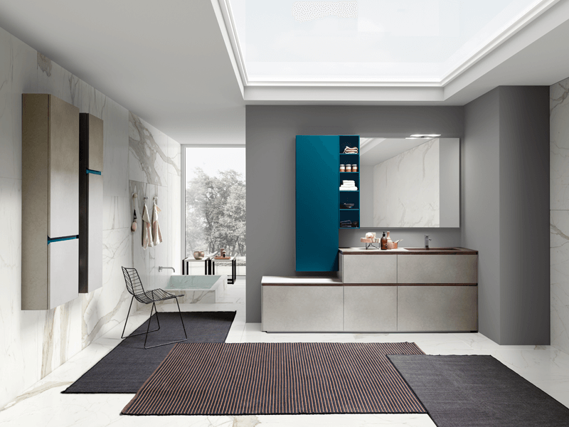 A luxury bathroom with wall-mounted storage, a single sink, and a skylight