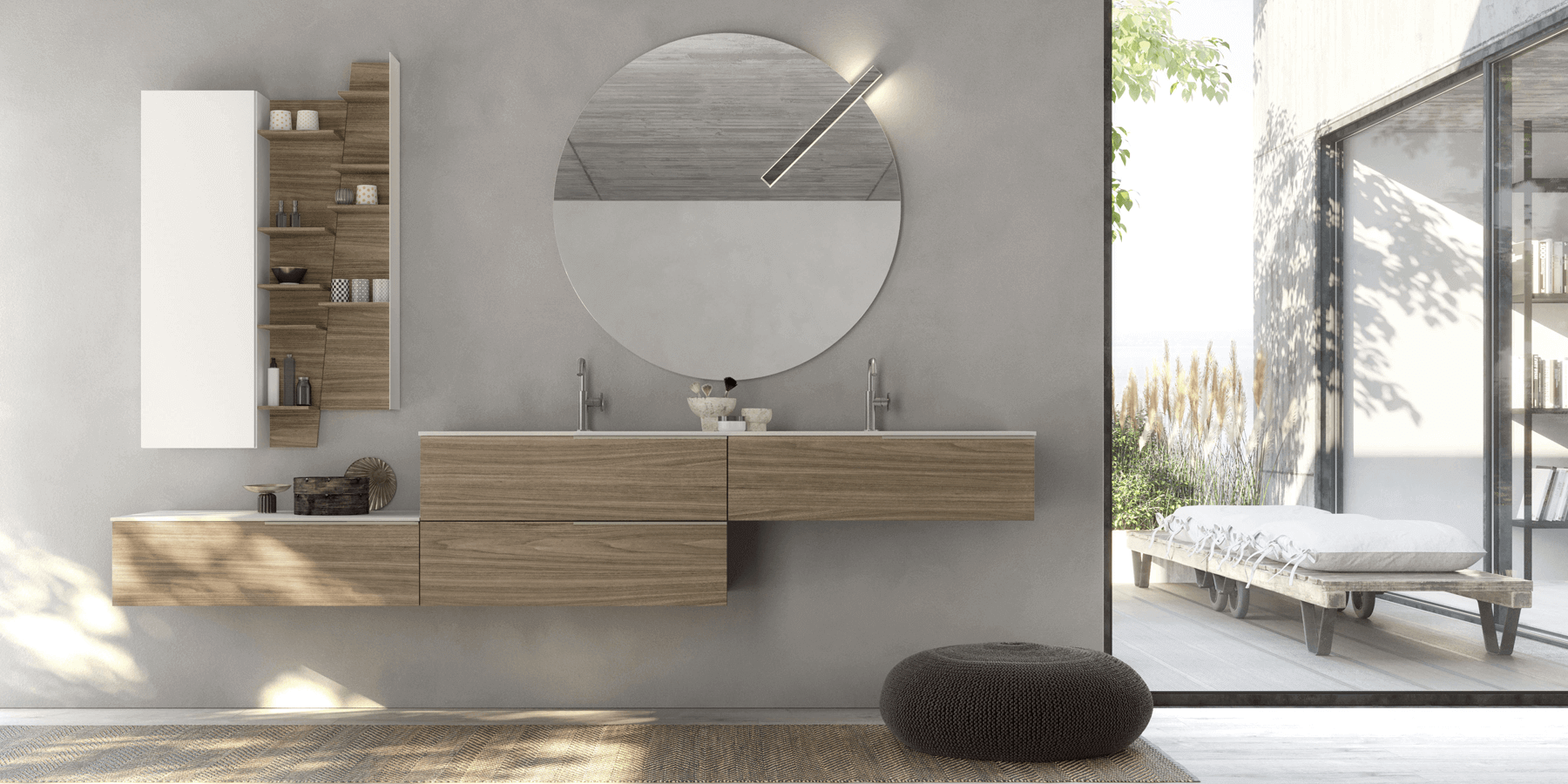 Asymmetric bathroom vanity and wall storage