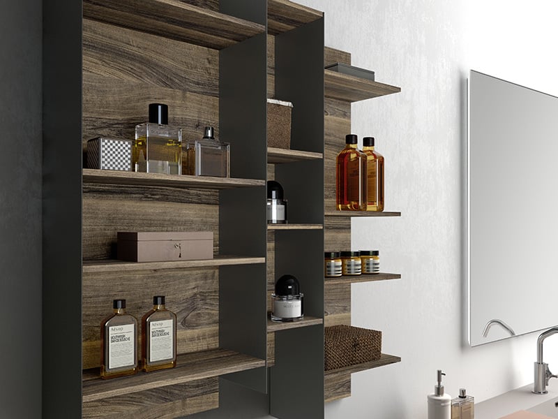 Wall-mounted bathroom storage cabinet with open shelves and metal side panels