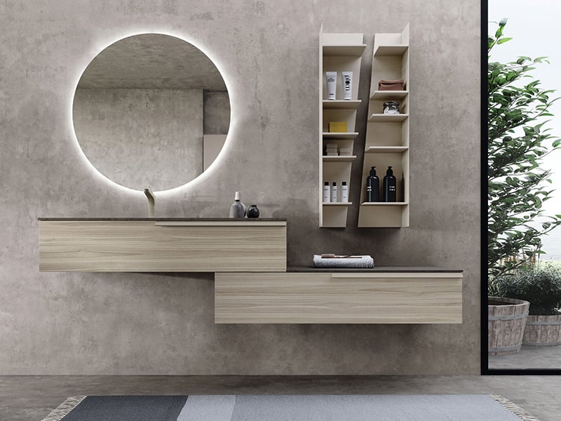 Urban Kros diagonal storage cabinet above bathroom vanity