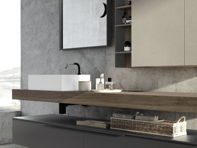 Luxury HPL wood-look bathroom countertop with white vessel