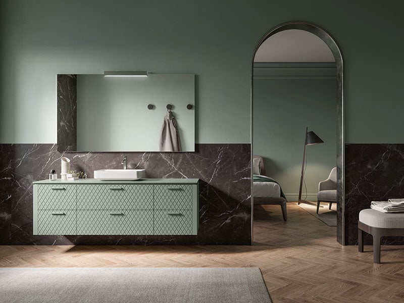 Fully green blue bathroom with elegant minimalistic cabinets
