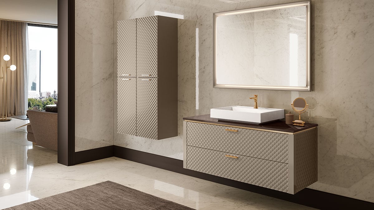 Light brown cabinets on a beige bathroom