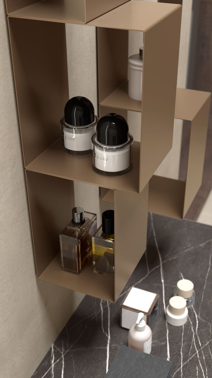 Products sitting inside brown metal cube bathroom storage