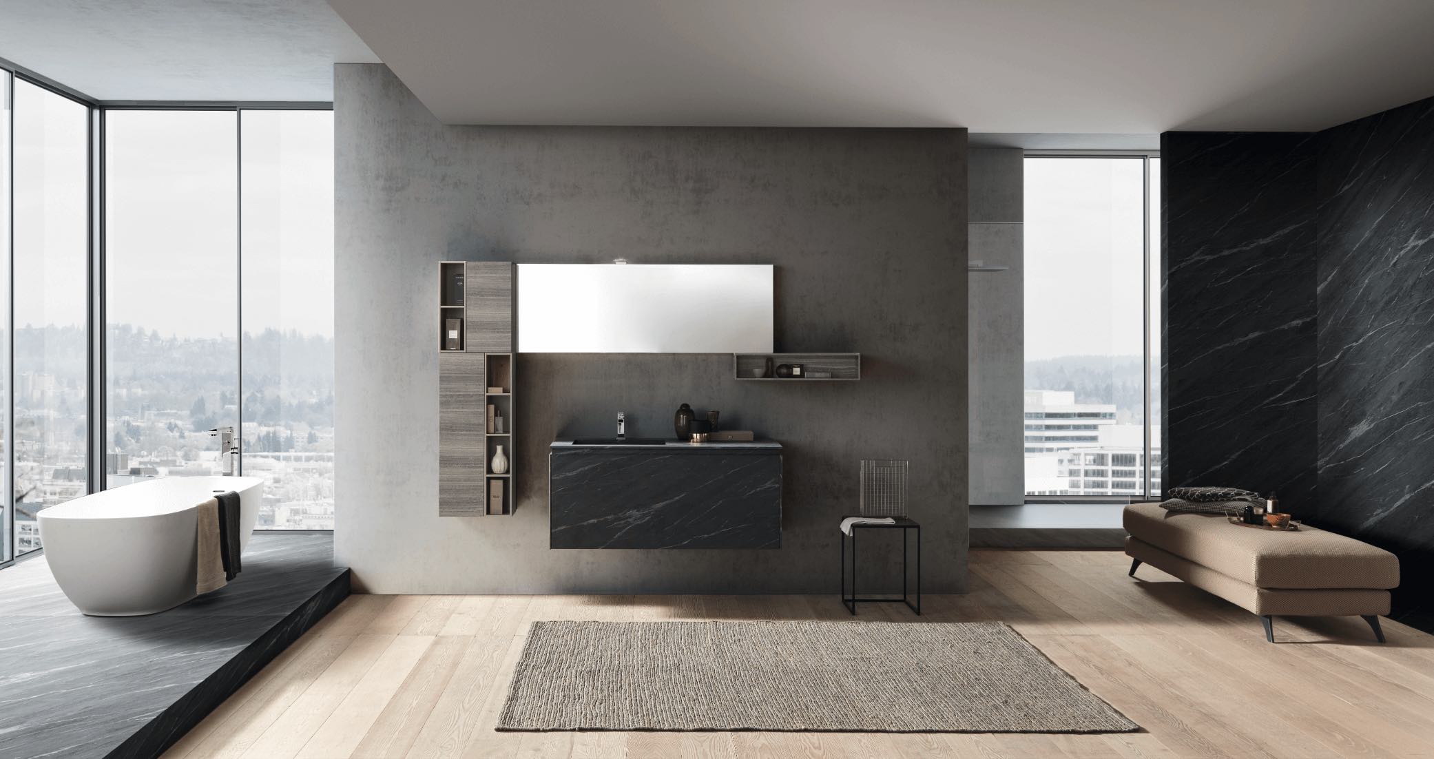 luxury bathroom with tub and vanity