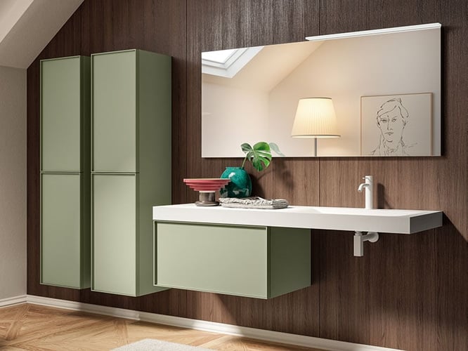 Green bathroom storage and vanity cabinets