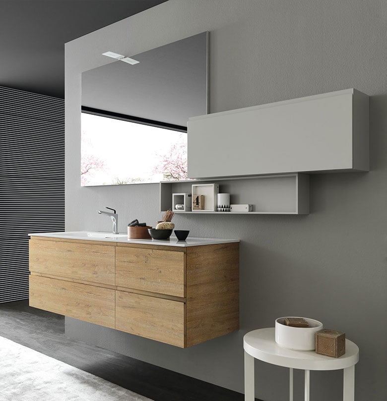 Grey horizontal bathroom storage on wall