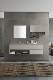 Gray horizontal storage in luxury bathroom