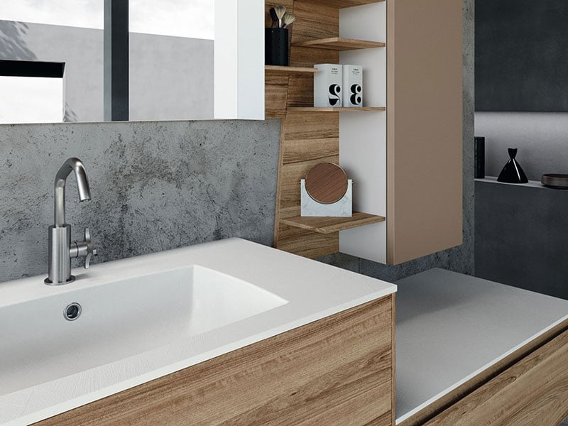 Coordinating bathroom vanity and Urban Kros storage in wood