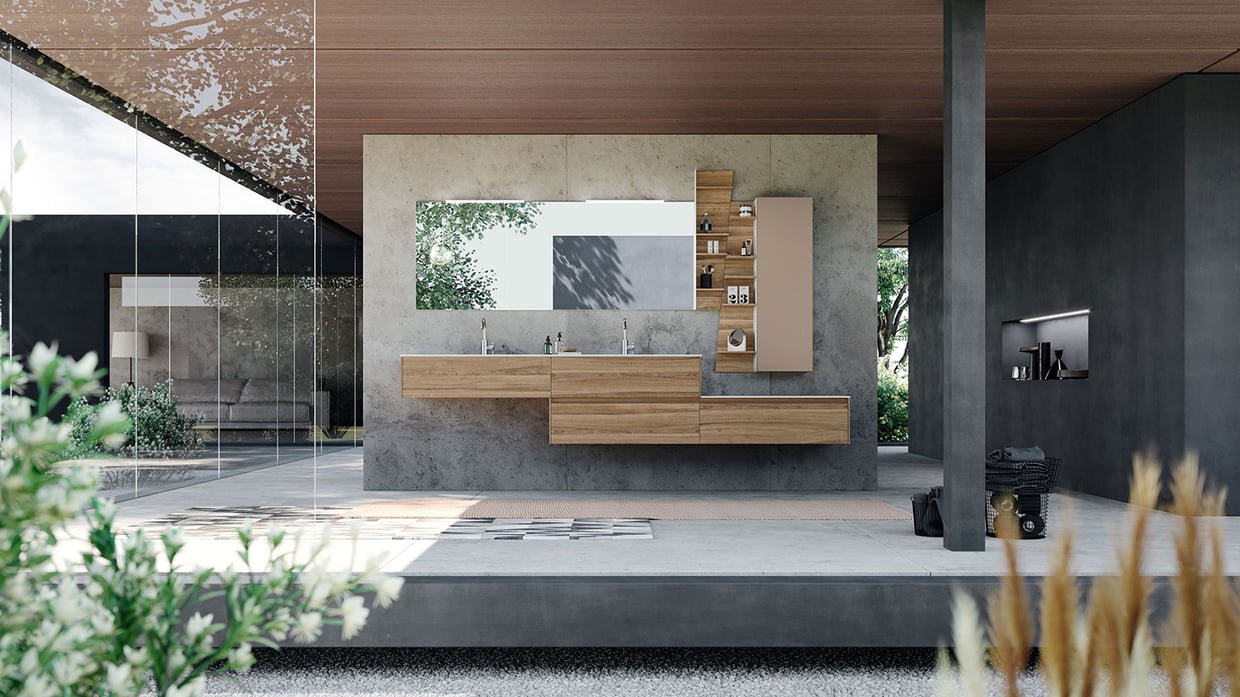 Urban vanity in a modern bathroom surrounded by windows