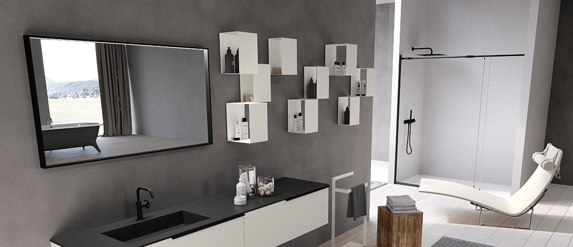 White metal cubes on bathroom wall for storage