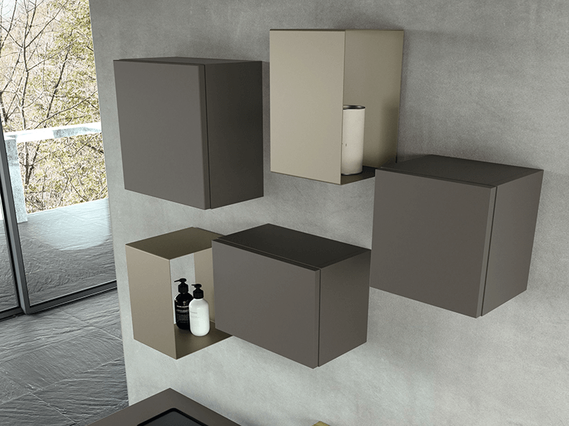 Open metal cubes with closed wall storage in bathroom