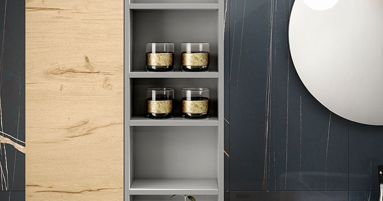 Wood and grey Stratos storage cabinet with shelves