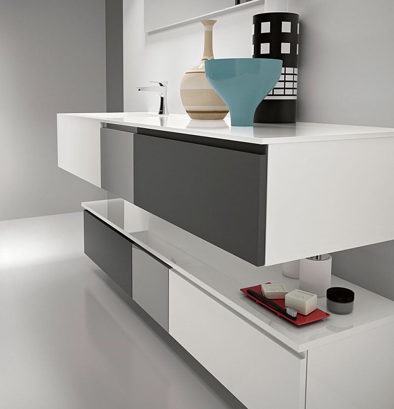 Side view of Stratos vanity and lower storage cabinet