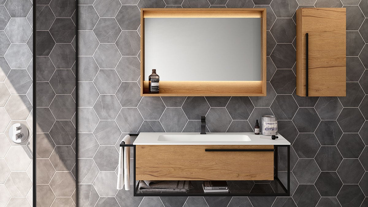 Wood like cabinets with frame mirror on a gray textured wall