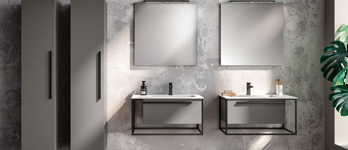 Light gray cabinets in a gray bathroom