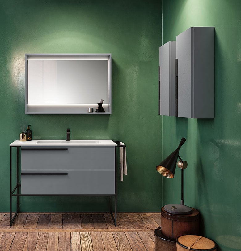 Two short luxury bathroom storage cabinets on wall