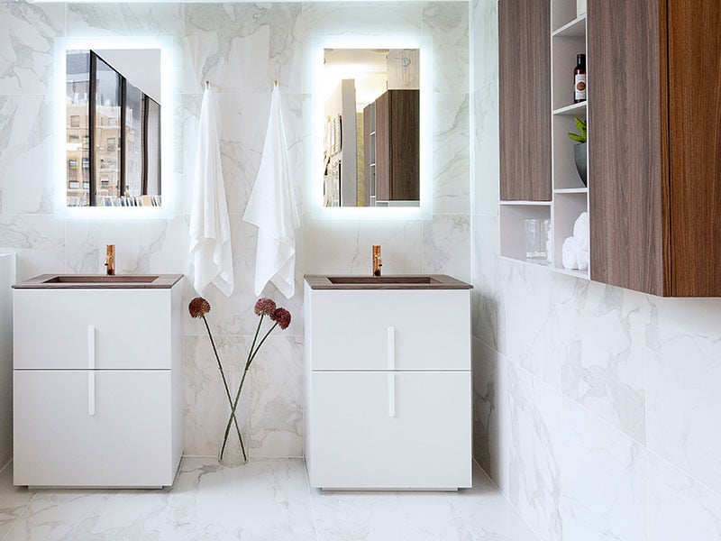 White marble bathroom with wooden details