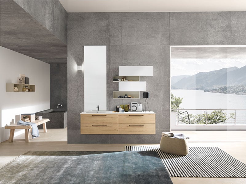 Urban white cubes in a gray bathroom