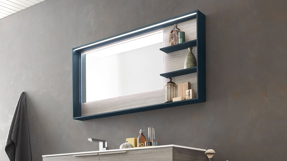 Frame mirror with green open shelves