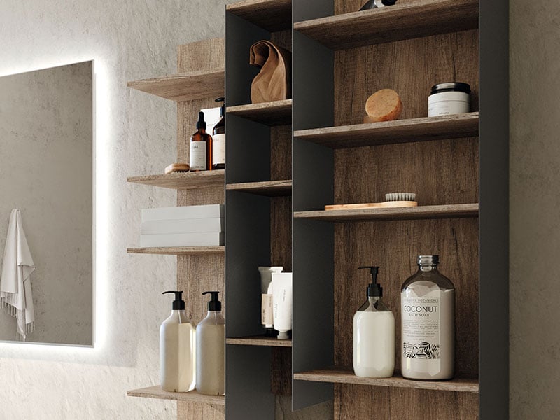 Contrasting open shelf with wooden back panel and black details