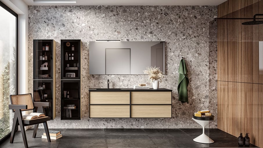luxury bathroom vanity and open shelves