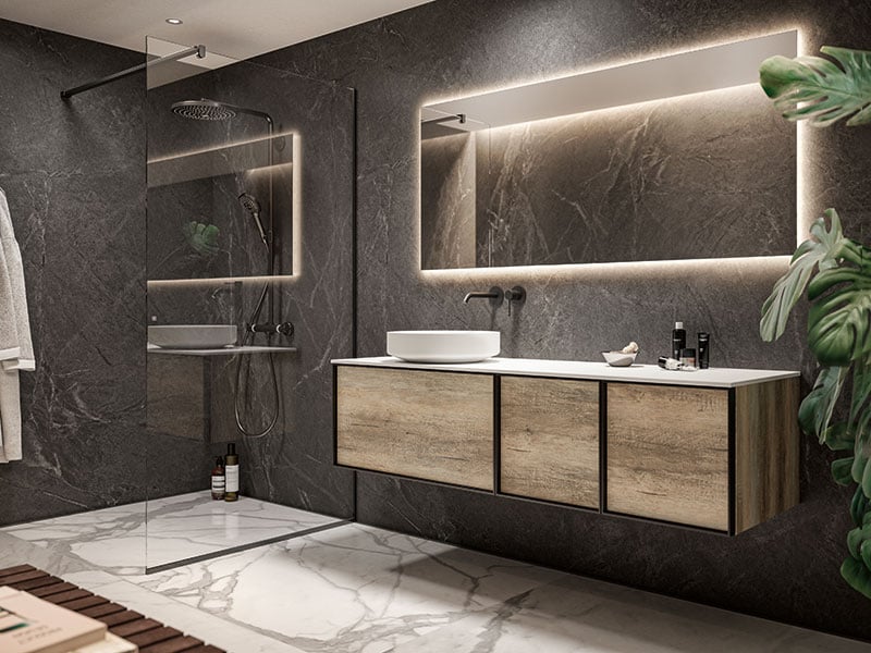 Wall-mount luxury bathroom vanity in wood with black frame detail