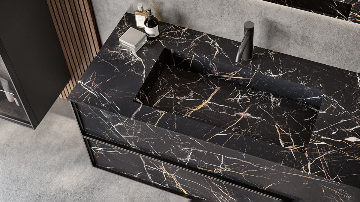 A black and gold marble-look vanity