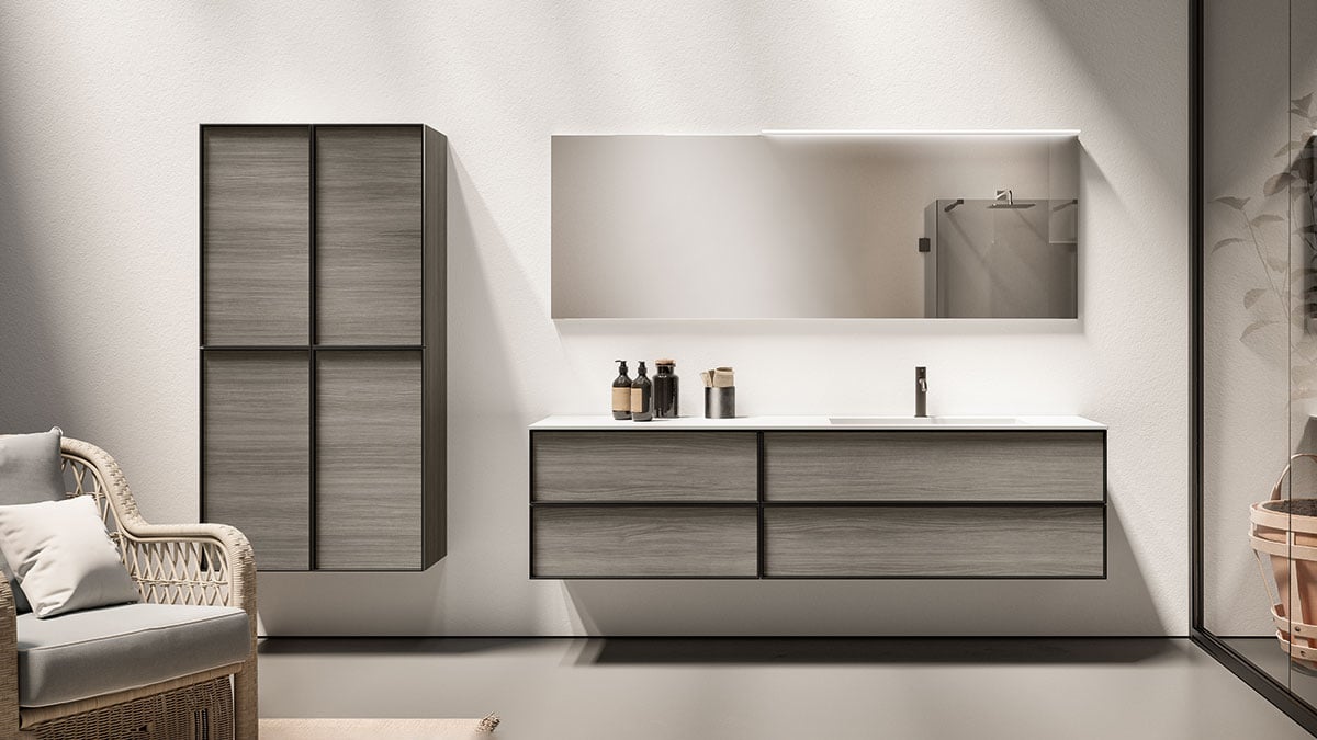 A bathroom wall with a mirror and modern Class grey vanity and cabinet