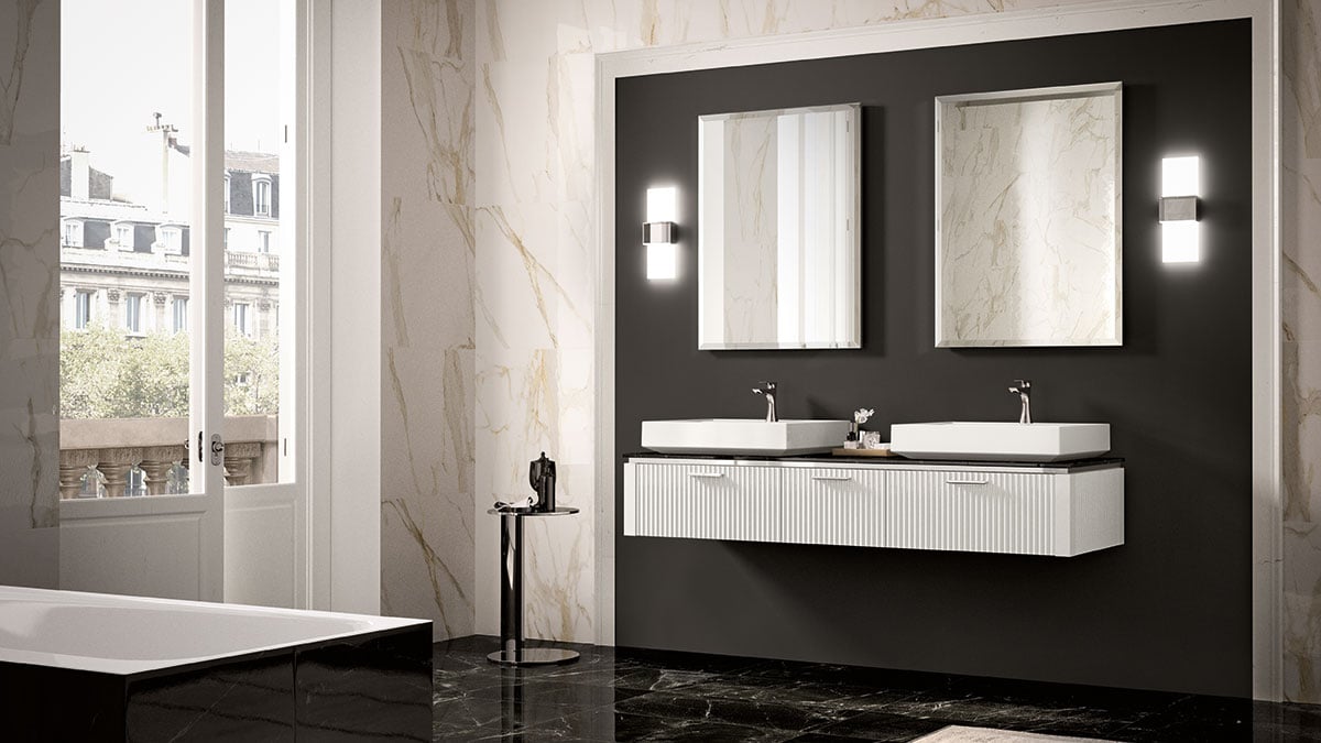 Lamè bathroom vanity with double vessel sinks