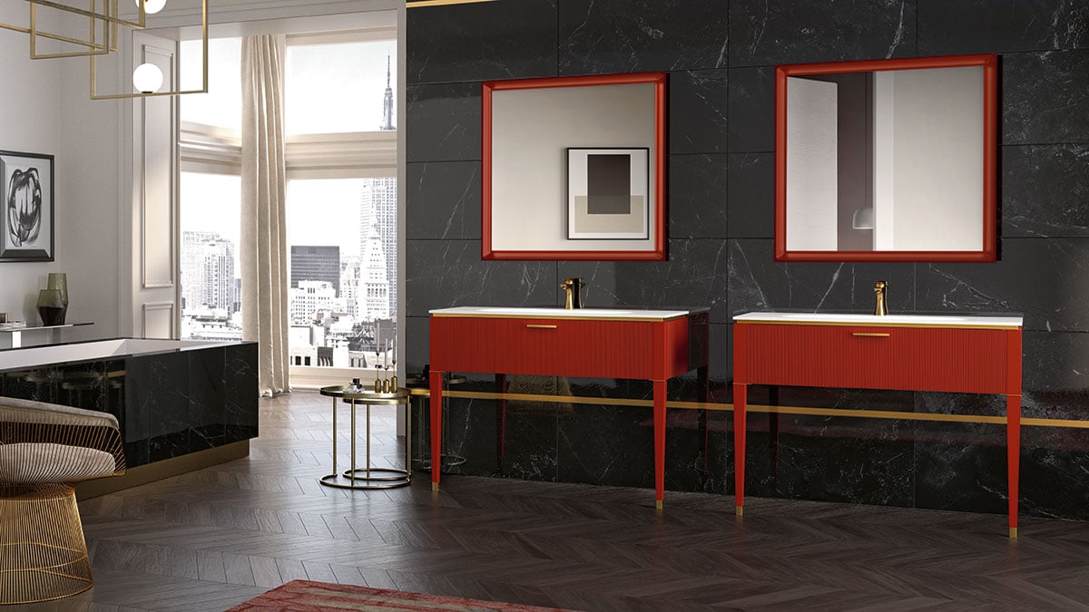 Lamè bathroom vanity in red with gold accents