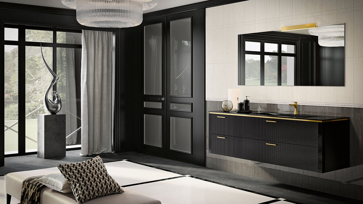 Lamè black bathroom vanity with gold accents