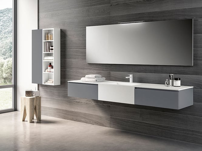 Stratos white and gray bathroom vanity and storage cabinet