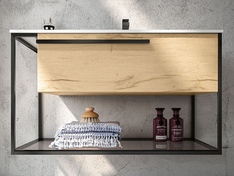 wall mounted luxury vanity with open shelves